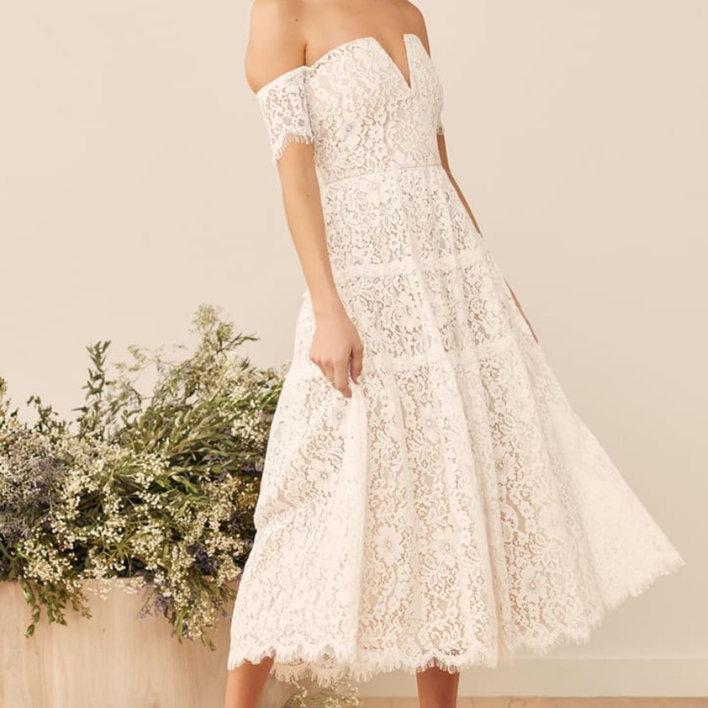 Lulus Absolutely Stunning Ivory White Lace Off-the-Shoulder Midi Dress L